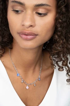 ZINZI zilveren luxe jasseron ketting 45cm met bolletjes en bedels rond in roze en blauw ZIC2005
