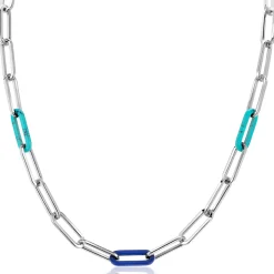 ZINZI zilveren luxe ketting 45cm met paperclip-schakels en trendy schakels in turquoise en lapisblauw ZIC2456