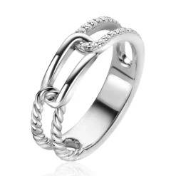 ZINZI zilveren luxe ring 5mm breed met drie paperclip schakels, glad bewerkt witte zirconia's ZIR2330