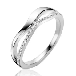 ZINZI zilveren multilook ring (6mm breed) organisch gevormd met twee golvende banen, waarvan één bezet met witte zirconia's ZIR2629