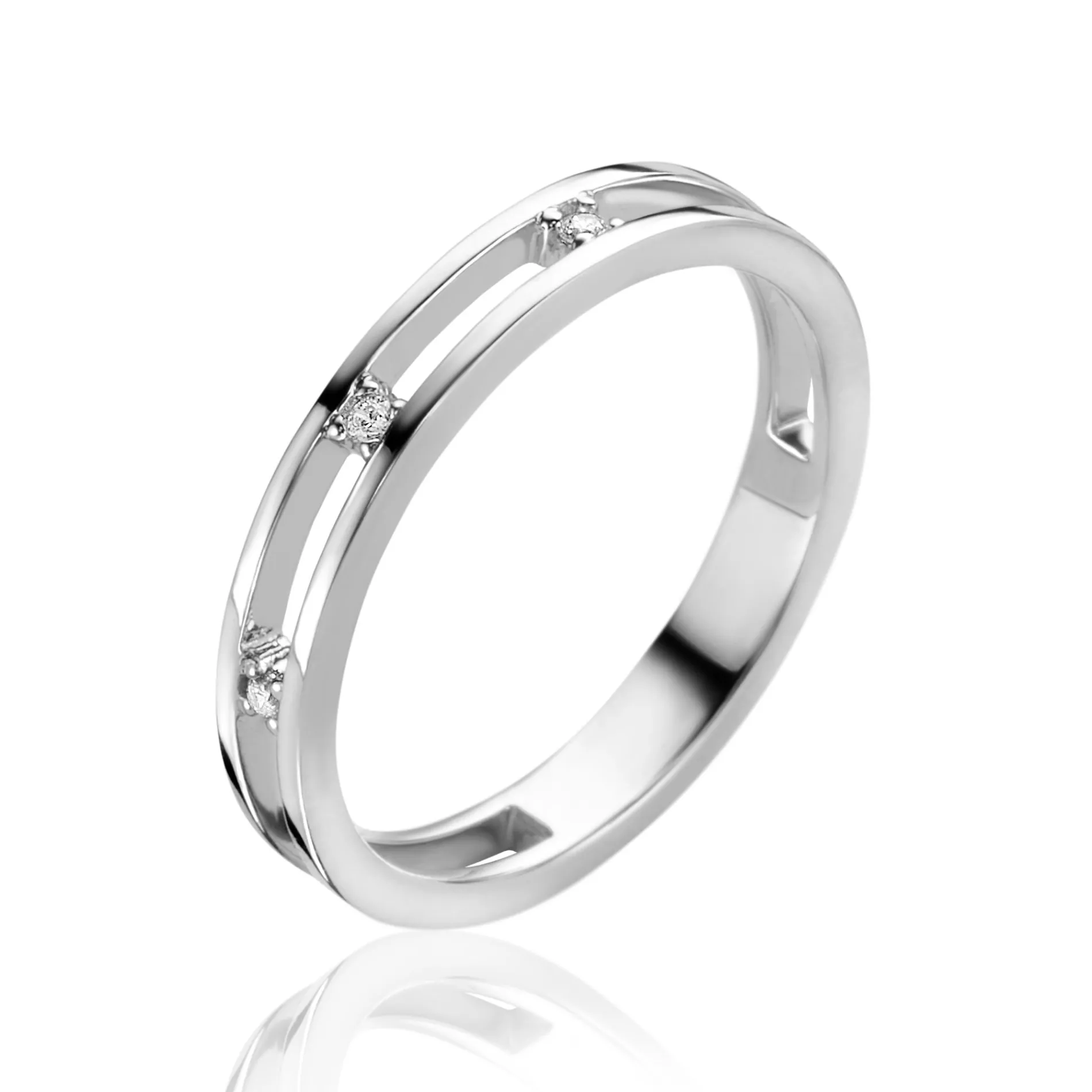 ZINZI zilveren multi-look ring, met de look van twee smalle ringen waartussen drie witte zirconia's zijn bevestigd ZIR2451