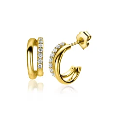 ZINZI zilveren multi-look oorstekers extra 14K geel verguld twee banen met witte zirconia's 15mm ZIO2254