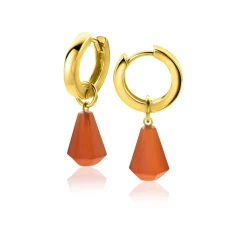 ZINZI zilveren oorbedels 14K geel verguld in kegelvorm met koraalrood agaat 8mm ZICH2256R (zonder oorringen)