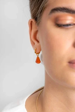ZINZI zilveren oorbedels 14K geel verguld in kegelvorm met koraalrood agaat 8mm ZICH2256R (zonder oorringen)