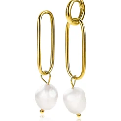 ZINZI zilveren oorbedels 14K geel verguld 43mm ovaal witte parel ZICH2188G (zonder oorringen)