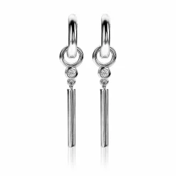 ZINZI zilveren oorbedels 26 mm glad rond staafje witte zirconia's ZICH2143 (zonder oorringen)