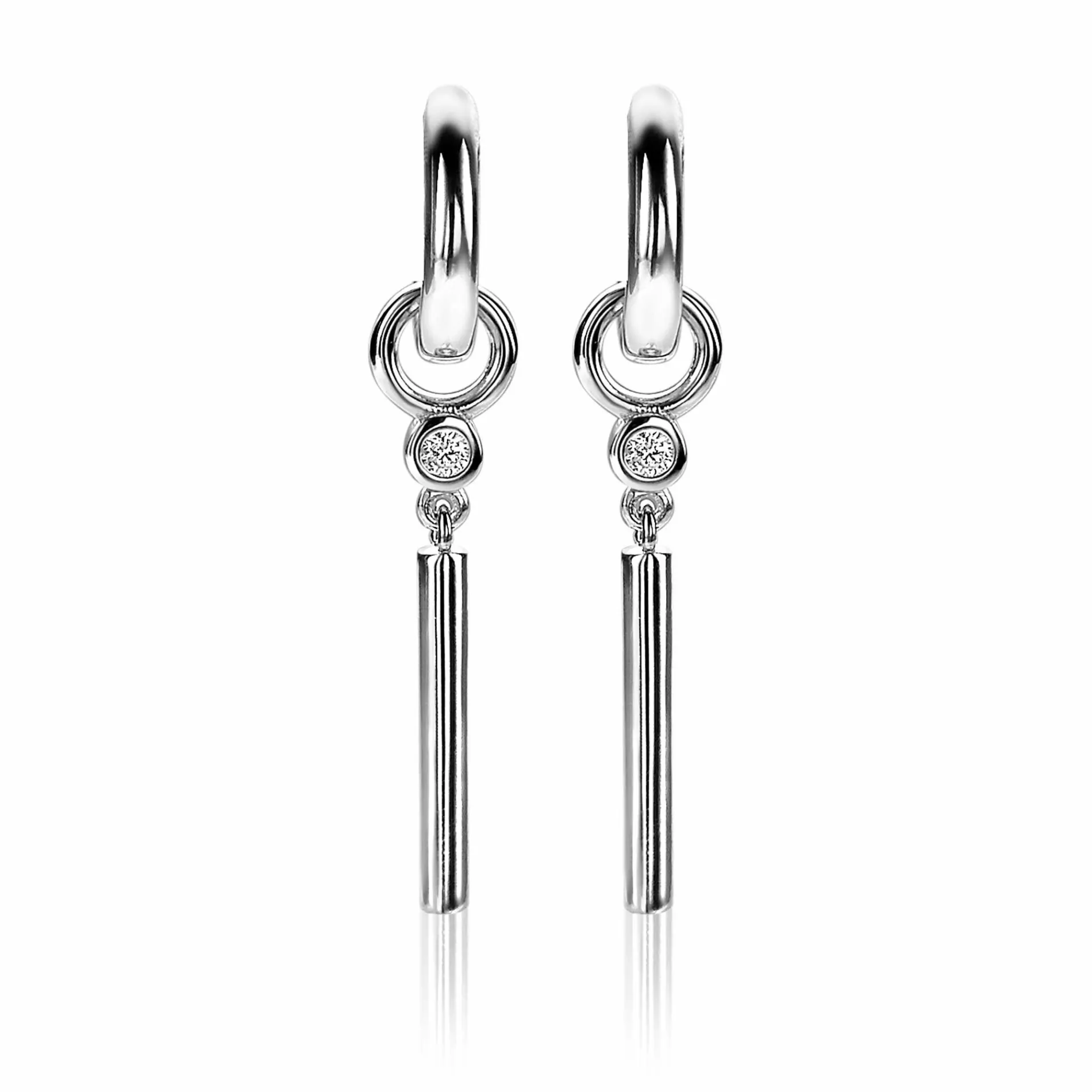 ZINZI zilveren oorbedels 26 mm glad rond staafje witte zirconia's ZICH2143 (zonder oorringen)