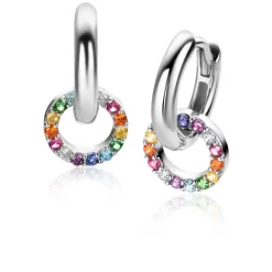 ZINZI zilveren oorbedels rond 8mm bezet regenboog kleuren ZICH2170Z (zonder oorringen)