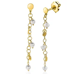 ZINZI zilveren oorhangers 50mm 14K geel verguld ronde plaatjes en witte parels ZIO2186G