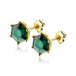 ZINZI zilveren oorknoppen extra 14K geel verguld zeshoek met groene kleursteen 7mm ZIO2259G