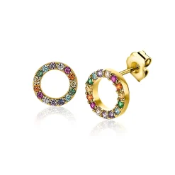 ZINZI zilveren oorknoppen 14K geel verguld 8mm bezet regenboog ZIO2170