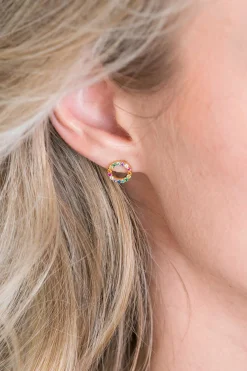 ZINZI zilveren oorknoppen 14K geel verguld 8mm bezet regenboog ZIO2170