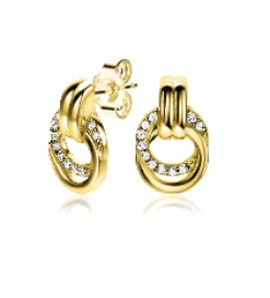 ZINZI zilveren oorstekers 14K geelverguld 13mm met elkaar verbonden ronde vormen glad en witte zirconia ZIO2266Y