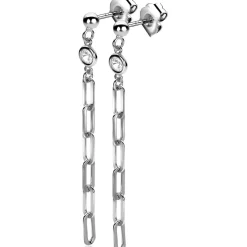 ZINZI zilveren oorstekers lange paperclip ketting 58mm witte zirconia ZIO2363