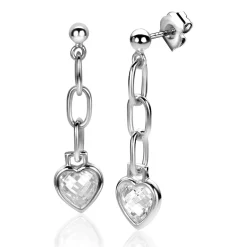 ZINZI zilveren oorstekers 27mm met paperclip schakels en hart wit zirconia ZIO2303