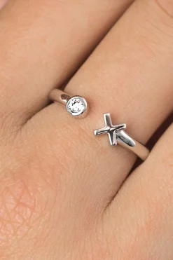 ZINZI zilveren open ring kruisje rond wit ZIR1821