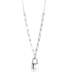 ZINZI zilveren paperclip schakelketting 45cm met trendy slotje als bedel 40-45cm ZIC2355