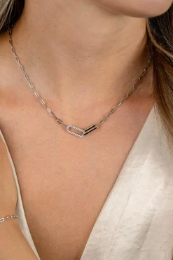 ZINZI zilveren paperclip schakelketting met twee verbonden schakels bezet met witte zirkonia's 40-45cm ZIC2690