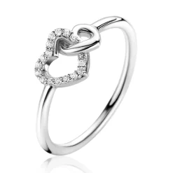 ZINZI zilveren ring 2 hartjes met elkaar verbonden, 1 hart bezet met witte zirconia's ZIR2493