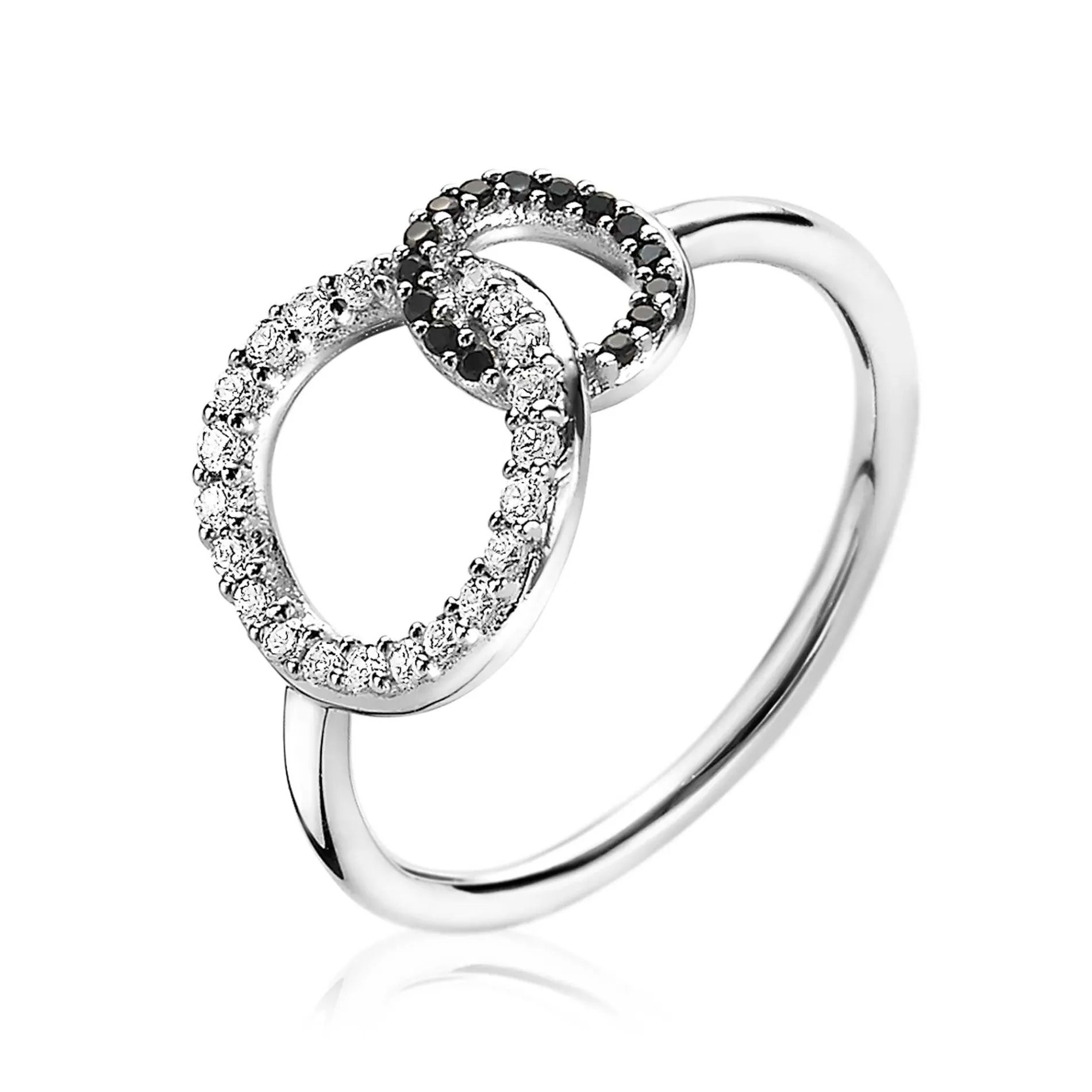 ZINZI zilveren ring 2 ronde vormen verbonden zwart wit ZIR1987