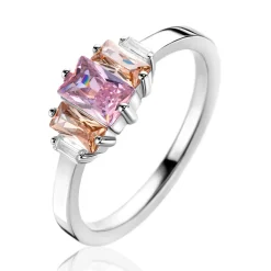 ZINZI zilveren ring, bezet met baguette geslepen zirconia's in de kleuren wit, champagne en roze ZIR2490