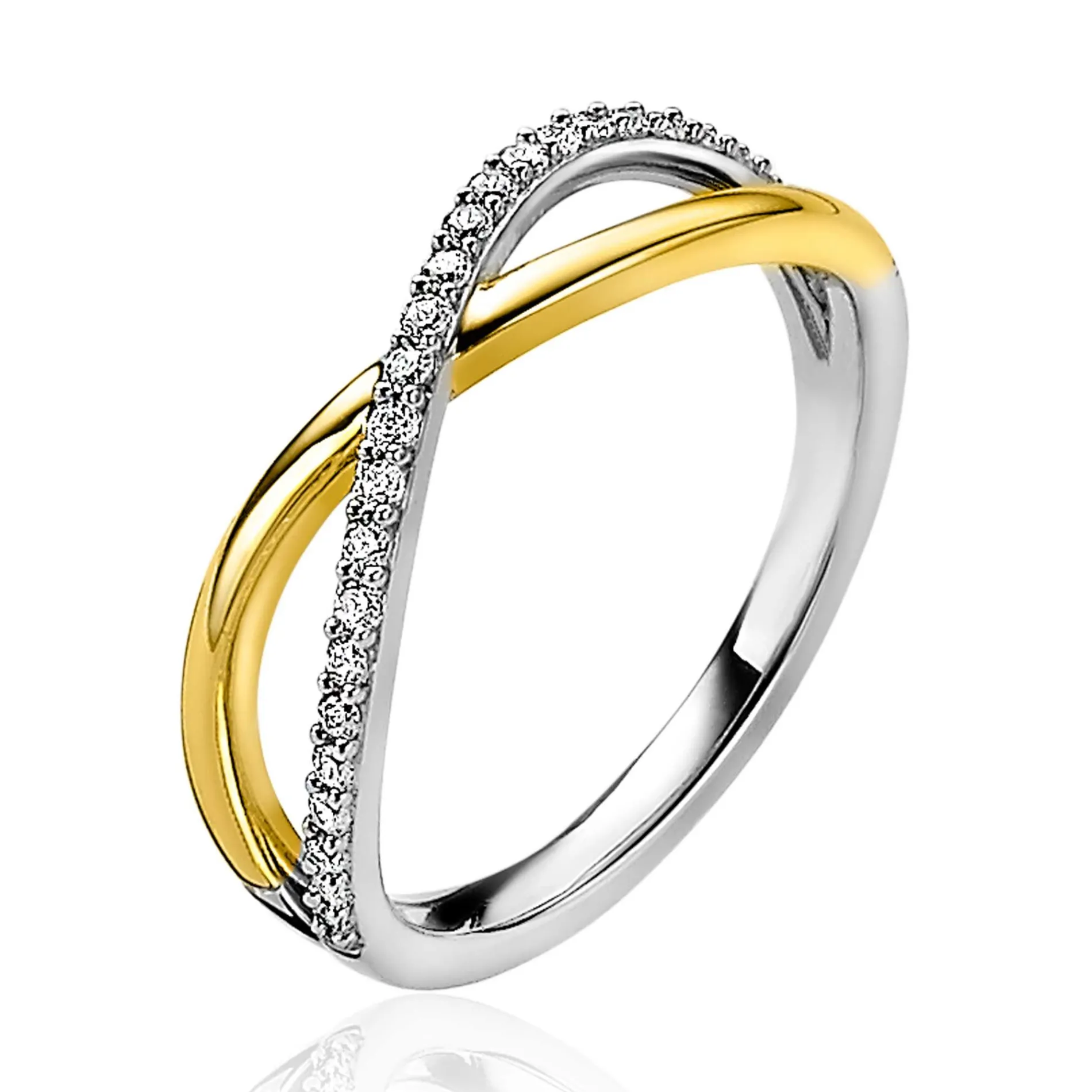 ZINZI zilveren ring cross-over bicolor bezet met witte zirconia's ZIR2234