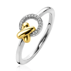ZINZI zilveren ring met extra 14K geel vergulde X-vorm en ronde vorm met witte zirconia's ZIR2260