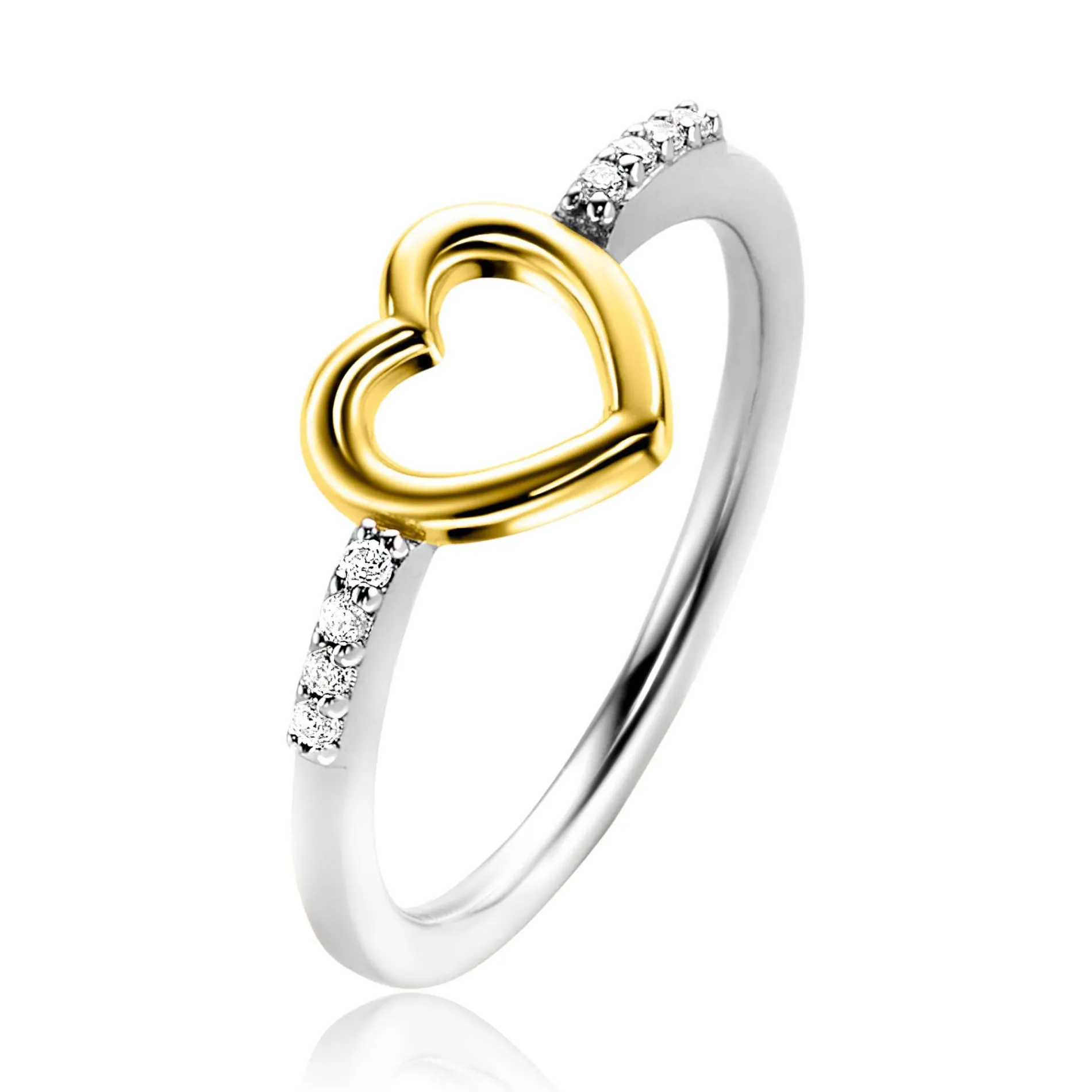ZINZI zilveren ring met gold plated open hartje 8mm en witte zirconia's ZIR2566