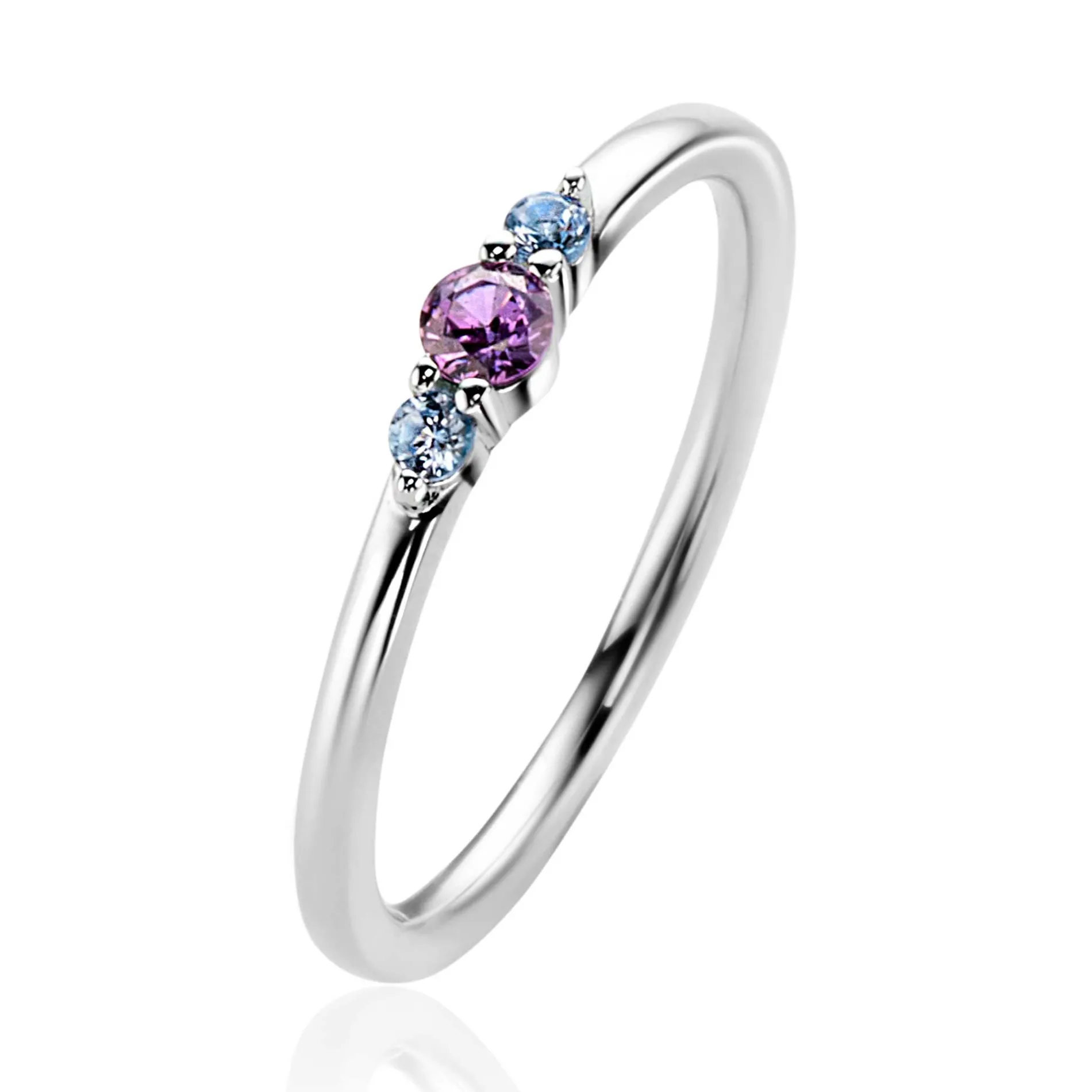 ZINZI zilveren ring met ronde chatonzettingen paarse en licht blauwe kleurstenen 3mm breed ZIR2564