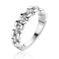 ZINZI zilveren ring met rolex-style schakels en de middenbaan bezet met witte zirconia's 5mm breed ZIR2504