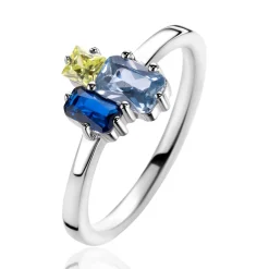 ZINZI zilveren ring met rechthoekige zettingen, bezet met licht groene, licht blauwe en saffier blauwe kleurstenen ZIR2496