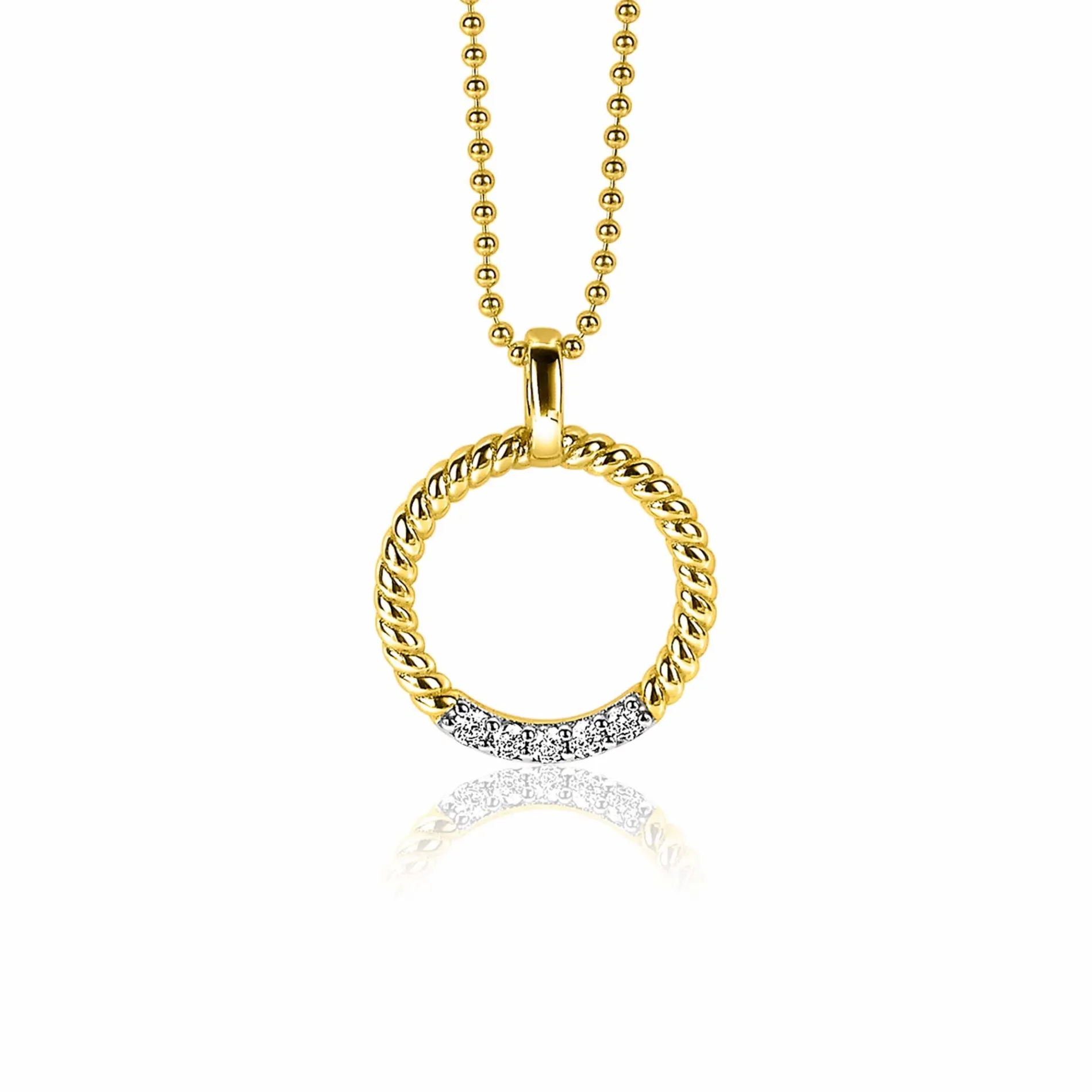 ZINZI zilveren ronde hanger 22mm in geel verguld gedraaid witte zirconia ZIH2128Y (zonder collier)