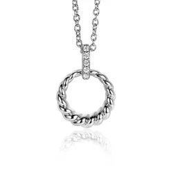 ZINZI zilveren ronde hanger 15mm gedraaid motief, hangoog bezet met witte zirconia's ZIH2403 (zonder collier)