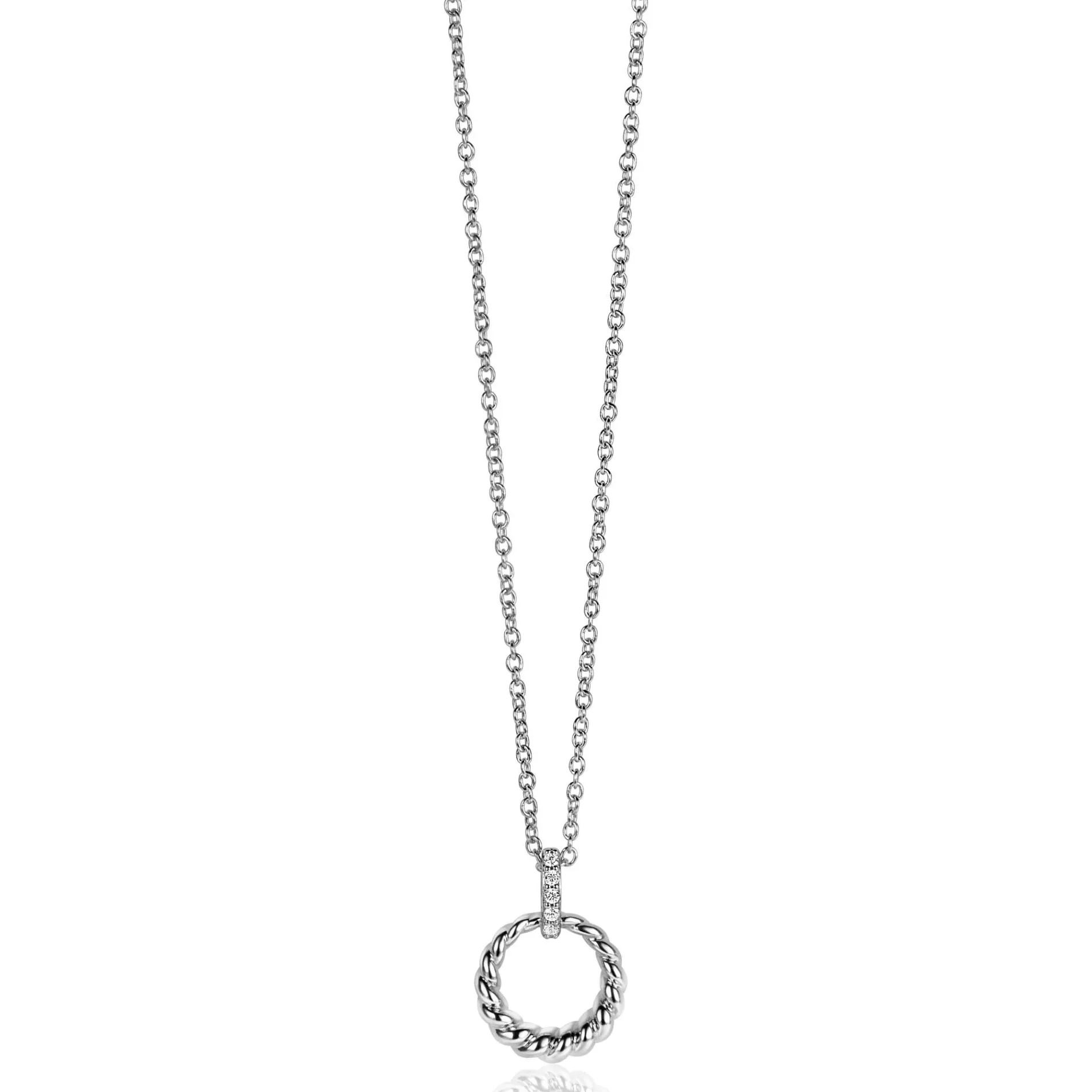 ZINZI zilveren ronde hanger 15mm gedraaid motief, hangoog bezet met witte zirconia's ZIH2403 (zonder collier)