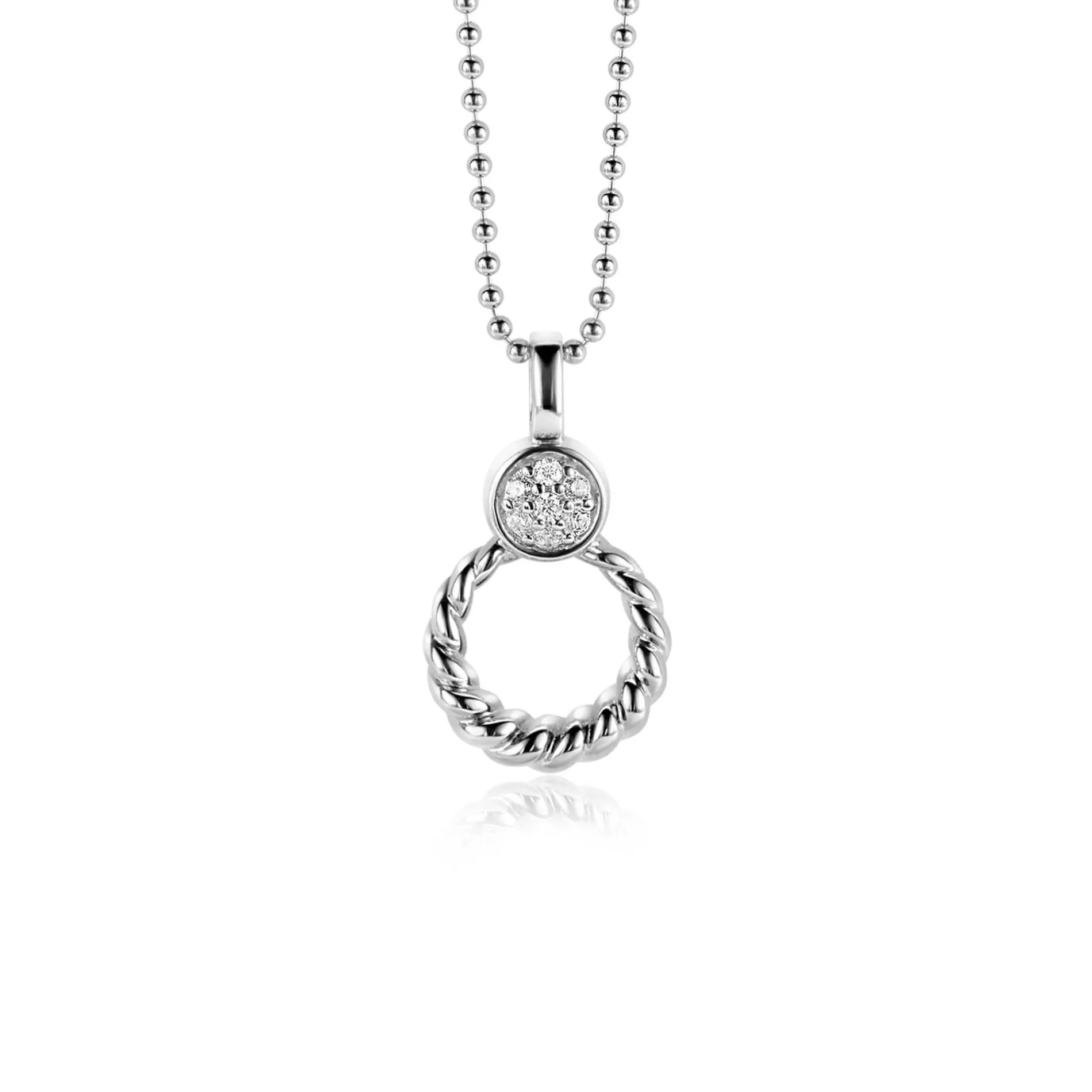 ZINZI zilveren ronde hanger 20mm gedraaid motief, bezet met witte zirconia's ZIH2390 (zonder collier)