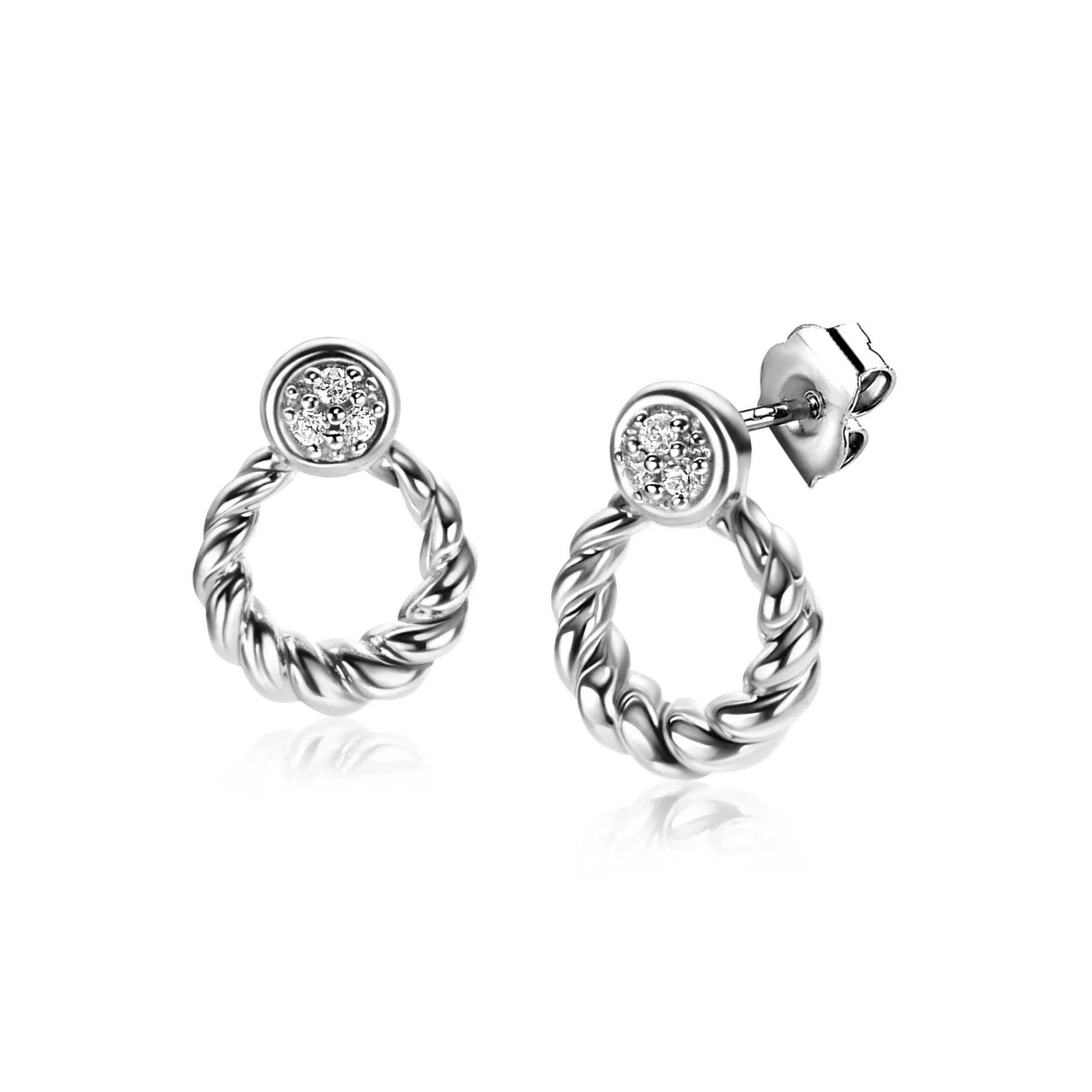 ZINZI zilveren ronde oorstekers 12mm gedraaid motief, bezet met witte zirconia's ZIO2390