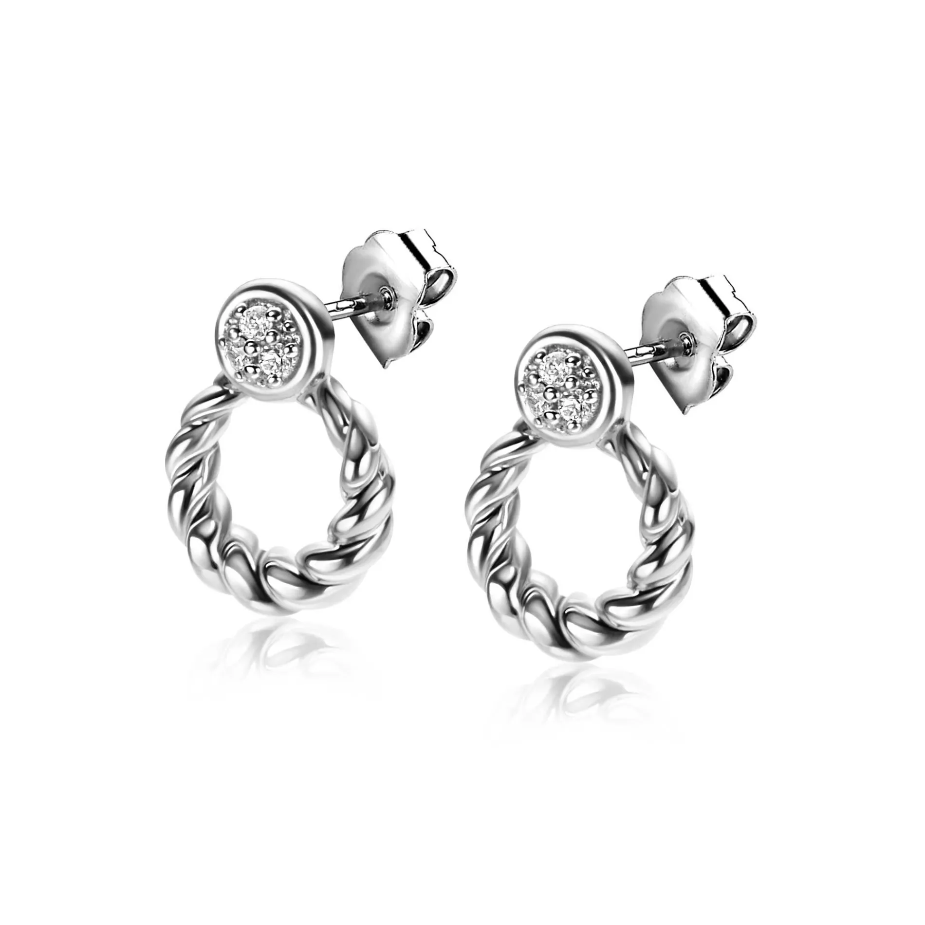 ZINZI zilveren ronde oorstekers 12mm gedraaid motief, bezet met witte zirconia's ZIO2390