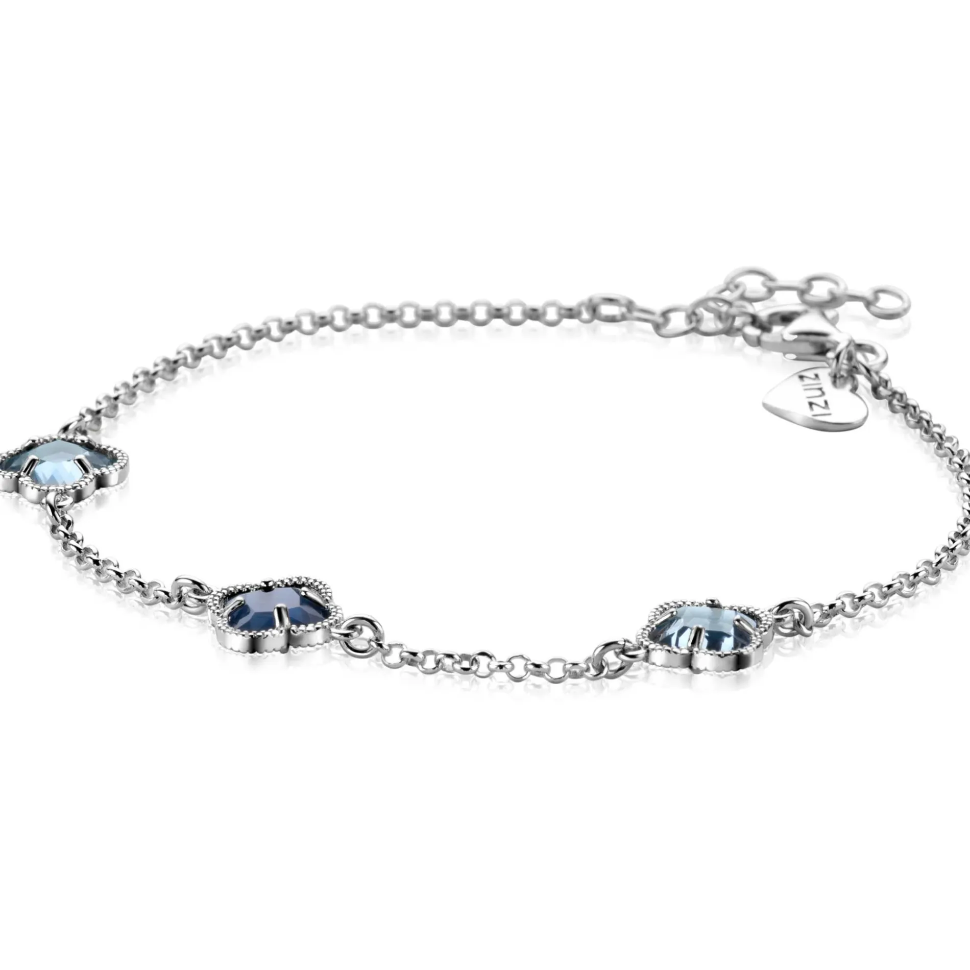 ZINZI zilveren schakel armband met twee lichtblauwe klavers en een donkerblauwe klaver in het midden 17-20cm ZIA2663B