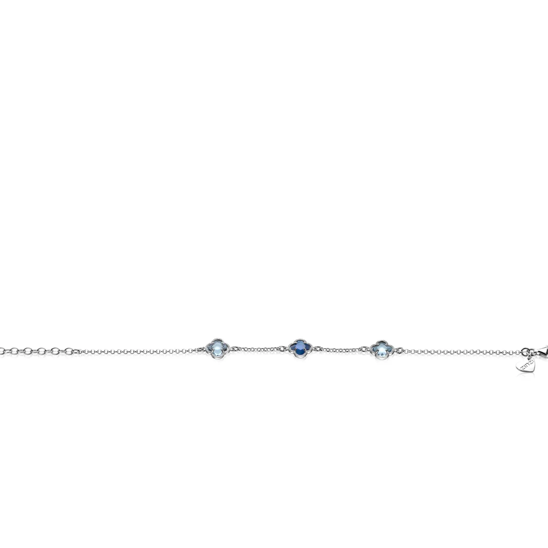 ZINZI zilveren schakel armband met twee lichtblauwe klavers en een donkerblauwe klaver in het midden 17-20cm ZIA2663B