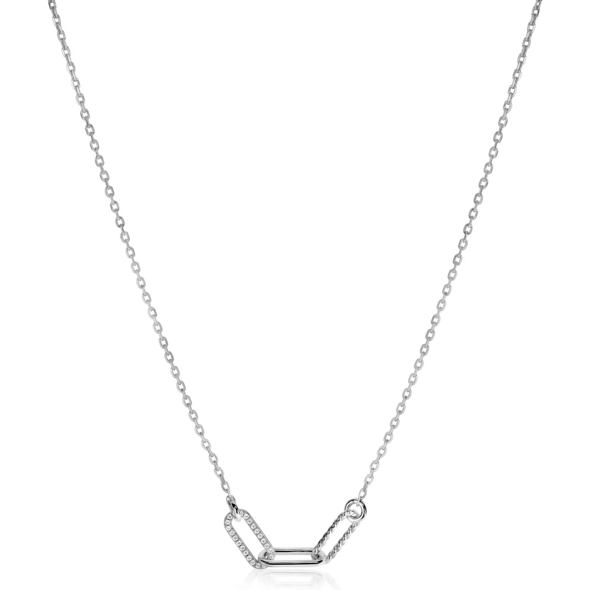 ZINZI zilveren schakel ketting 45cm met drie paperclip schakels, glad bewerkt witte zirconia's ZIC2330