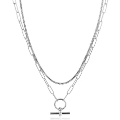 ZINZI zilveren schakel ketting 50cm met multilook: combinatie van gourmet en paperclip schakels en trendy T-bar bezet met witte zirconia's ZIC2462