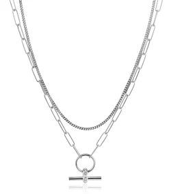 ZINZI zilveren schakel ketting 50cm met multilook: combinatie van gourmet en paperclip schakels en trendy T-bar bezet met witte zirconia's ZIC2462