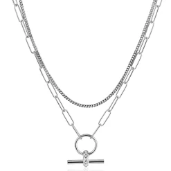 ZINZI zilveren schakel ketting 50cm met multilook: combinatie van gourmet en paperclip schakels en trendy T-bar bezet met witte zirconia's ZIC2462