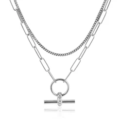 ZINZI zilveren schakel ketting 50cm met multilook: combinatie van gourmet en paperclip schakels en trendy T-bar bezet met witte zirconia's ZIC2462