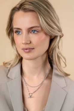 ZINZI zilveren schakel ketting 50cm met multilook: combinatie van gourmet en paperclip schakels en trendy T-bar bezet met witte zirconia's ZIC2462