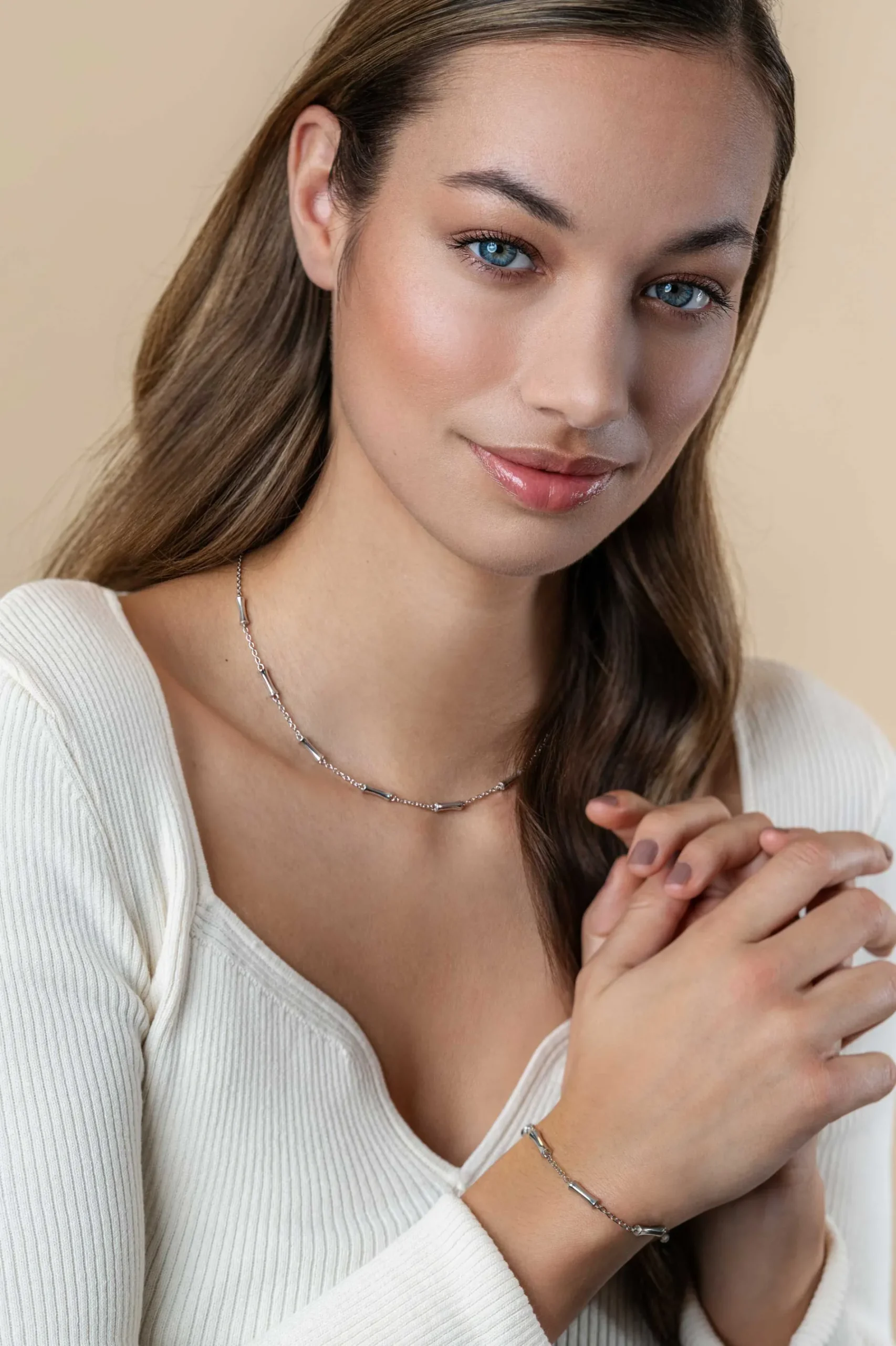 ZINZI zilveren schakel ketting met zeven gladde bamboe vormen 40-45m ZIC2577