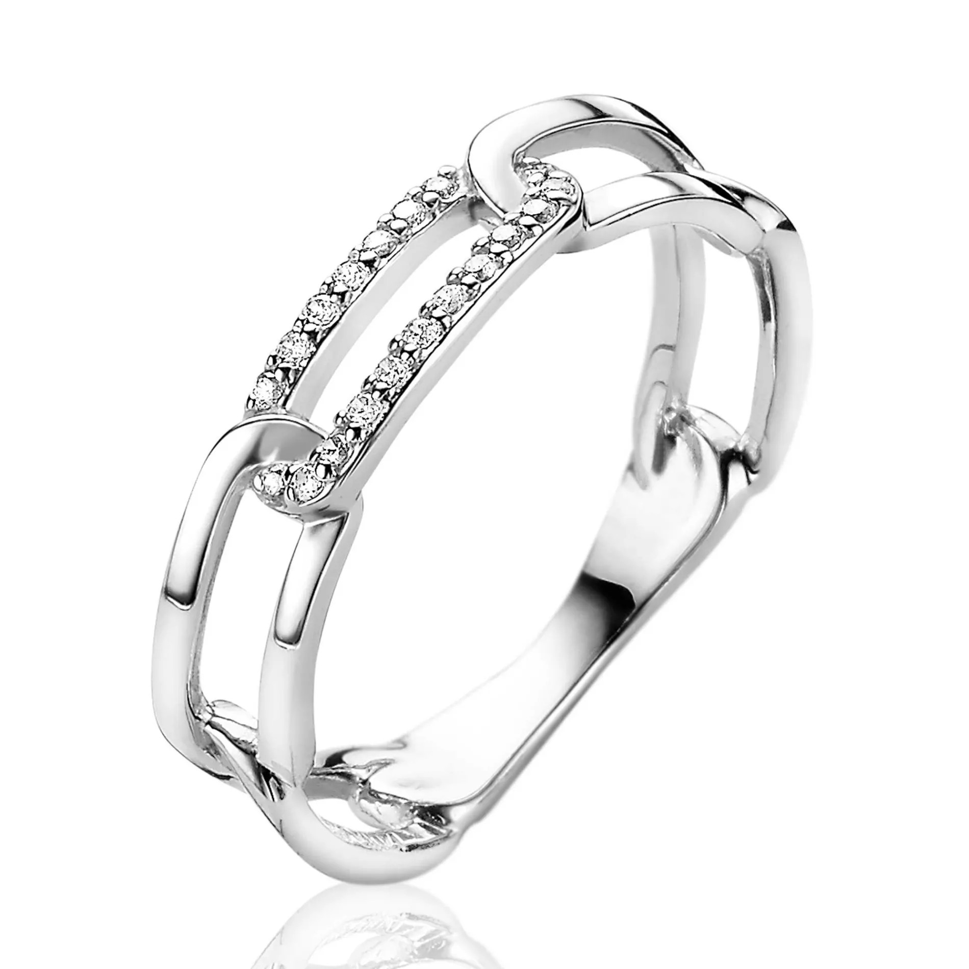 ZINZI zilveren schakel ring met paperclip schakels witte zirconia's ZIR2116
