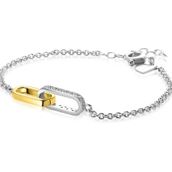 ZINZI zilveren schakelarmband met twee verbonden ovale schakels: ene gold plated, ander bezet met witte zirkonia's ZIA2758