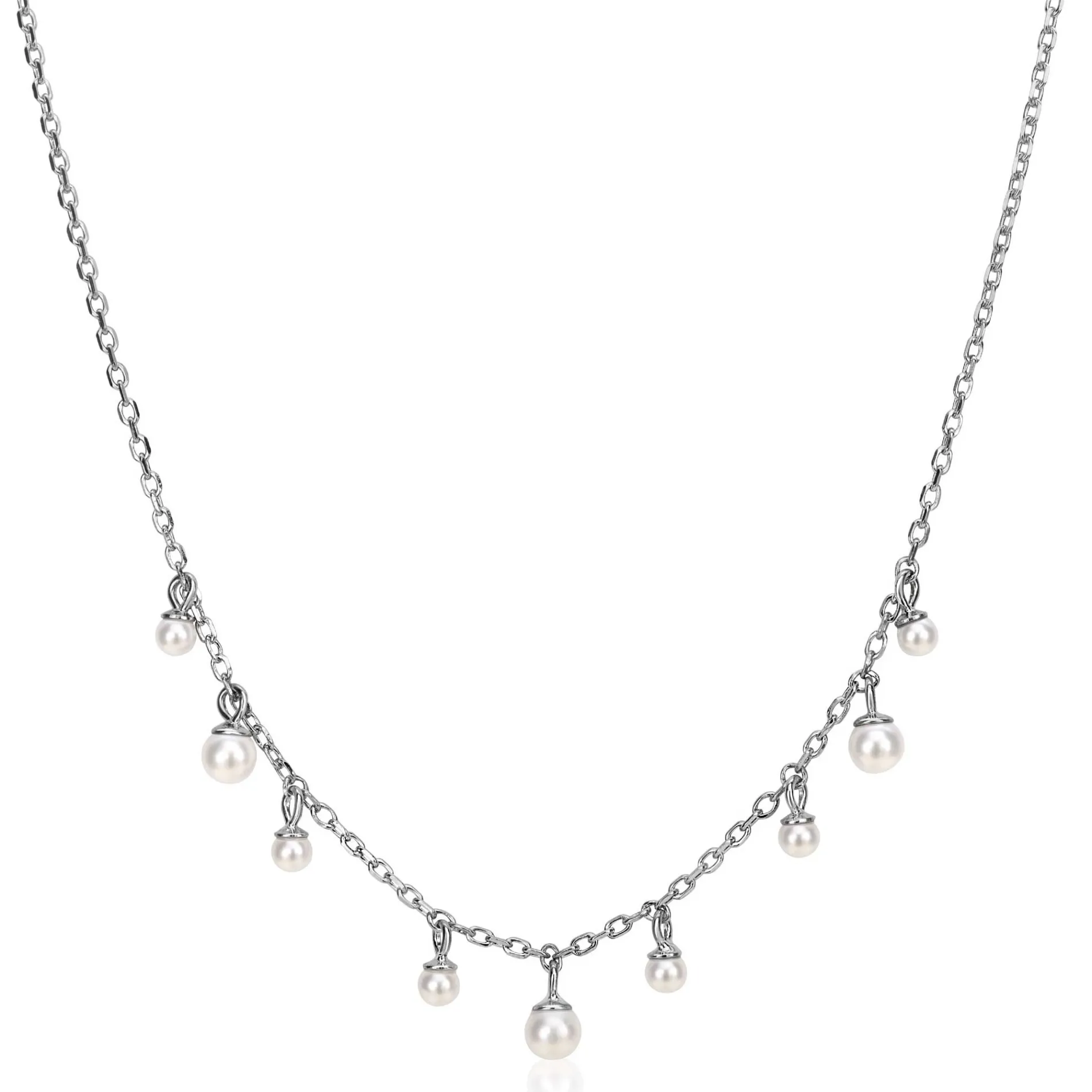 ZINZI zilveren schakelketting met negen ronde witte glasparels in verschillende groottes, speels verdeeld over de ketting 40-45cm ZIC2623