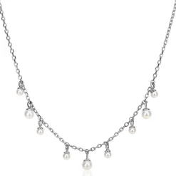 ZINZI zilveren schakelketting met negen ronde witte glasparels in verschillende groottes, speels verdeeld over de ketting 40-45cm ZIC2623